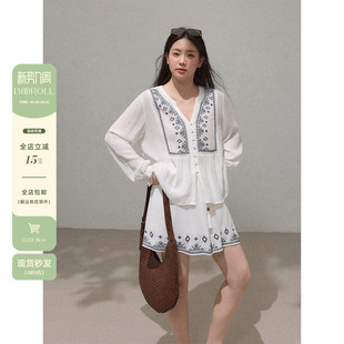 女装 春季 新中式 套装 海边度假上衣半裙胖mm 白色刺绣衬衫 潘不卷大码