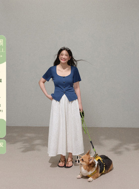 潘不卷大码女装微胖mm法式蓝色方领针织短袖t恤女夏正肩掐腰上衣