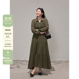 潘不卷大码女装胖mm法式绿色衬衫收腰连衣裙秋季雪纺显瘦蛋糕长裙