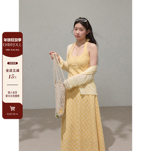 潘不卷大码女装微胖mm黄色海边沙滩度假连衣裙夏海岛吊带长裙裙子