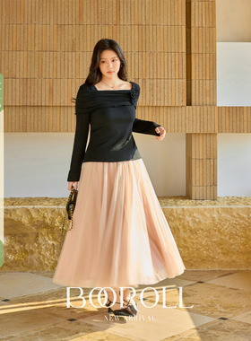 潘不卷[2/24-2/26新品一件85折满2件75折]粉红色网纱中长款半身裙