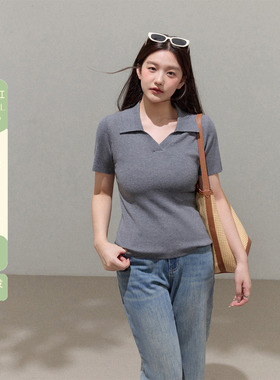 潘不卷大码女装微胖mmV领巨显瘦遮肉针织T上衣高级感短袖正肩恤衫