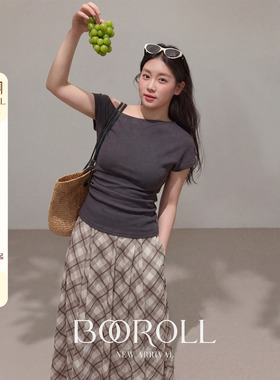 潘不卷[3/30-4/1新品一件85折满2件75折]灰色露肩短袖T恤格纹半裙