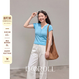 2新品 V领短袖 T恤 修身 蓝色短款 潘不卷 一件85折满2件75折