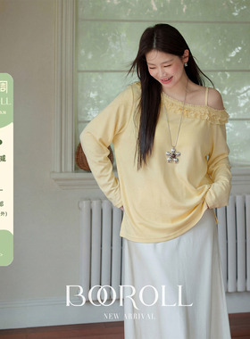 潘不卷大码女装韩系黄色荷叶边漏肩长袖t恤早春宽松斜肩上衣胖mm