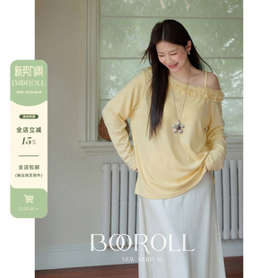 t恤早春宽松斜肩上衣胖mm 韩系黄色荷叶边漏肩长袖 潘不卷大码 女装