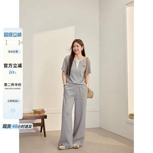 潘不卷大码 两件套夏 女装 微胖mm灰色设计感正肩上衣遮胯显瘦休闲裤