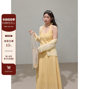 潘不卷大码女装微胖mm法式黄色海边度假吊带连衣裙春收腰长裙裙子