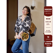 女装 微胖mm法式 v领收腰印花衬衫 潘不卷大码 春季 宽松绑带衬衣上衣