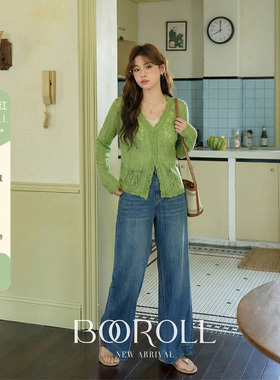 潘不卷[2/24-2/26新品一件85折满2件75折]绿色v领镂空开衫吊带春