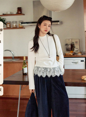 潘不卷大码女装胖mm韩系显瘦秋冬叠穿拼接蕾丝纯白打底衫显瘦上衣