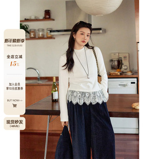 显瘦上衣 胖mm韩系显瘦秋冬叠穿拼接蕾丝纯白打底衫 潘不卷大码 女装
