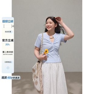 潘不卷大码 T恤 女装 微胖mm蓝色设计感巨显瘦遮肚上衣夏高级感短袖