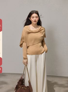 潘不卷大码女装微胖mm卡其色荡领罩衫长袖针织衫秋冬长袖打底上衣