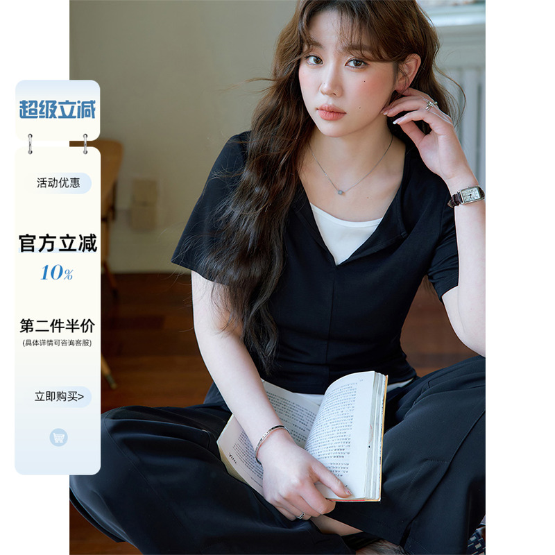 设计感黑白撞色拼接假两件上衣