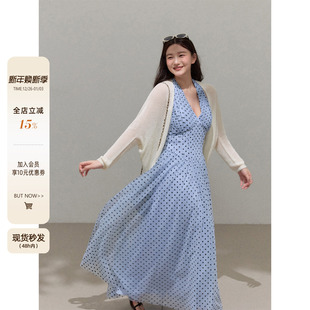 潘不卷大码女装微胖mm法式蓝色波点挂脖海边度假连衣裙夏收腰长裙