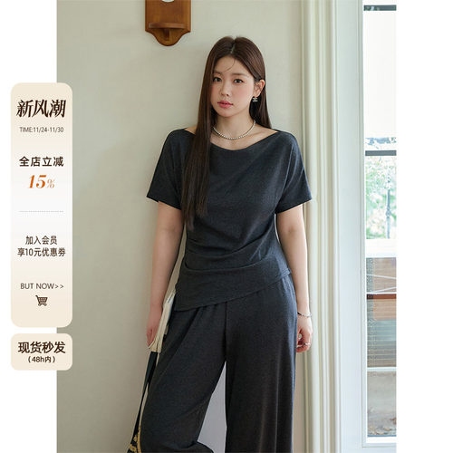 潘不卷大码女装微胖mm韩系简约黑色V领显瘦短袖T休闲裤套装2025夏