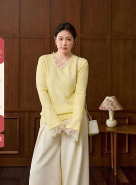 潘不卷大码女装黄色蕾丝拼接v领打底针织衫微胖mm冬内搭毛衣上衣