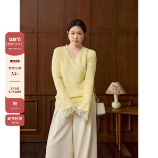 潘不卷大码女装黄色蕾丝拼接v领打底针织衫微胖mm冬内搭毛衣上衣