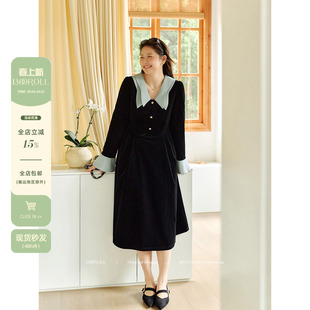 潘不卷大码女装胖mm法式娃娃领黑色丝绒连衣裙冬季赫本千金风裙子