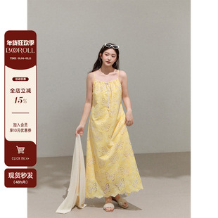 潘不卷大码女装微胖mm法式重工镂空蝴蝶吊带连衣裙女早秋度假长裙