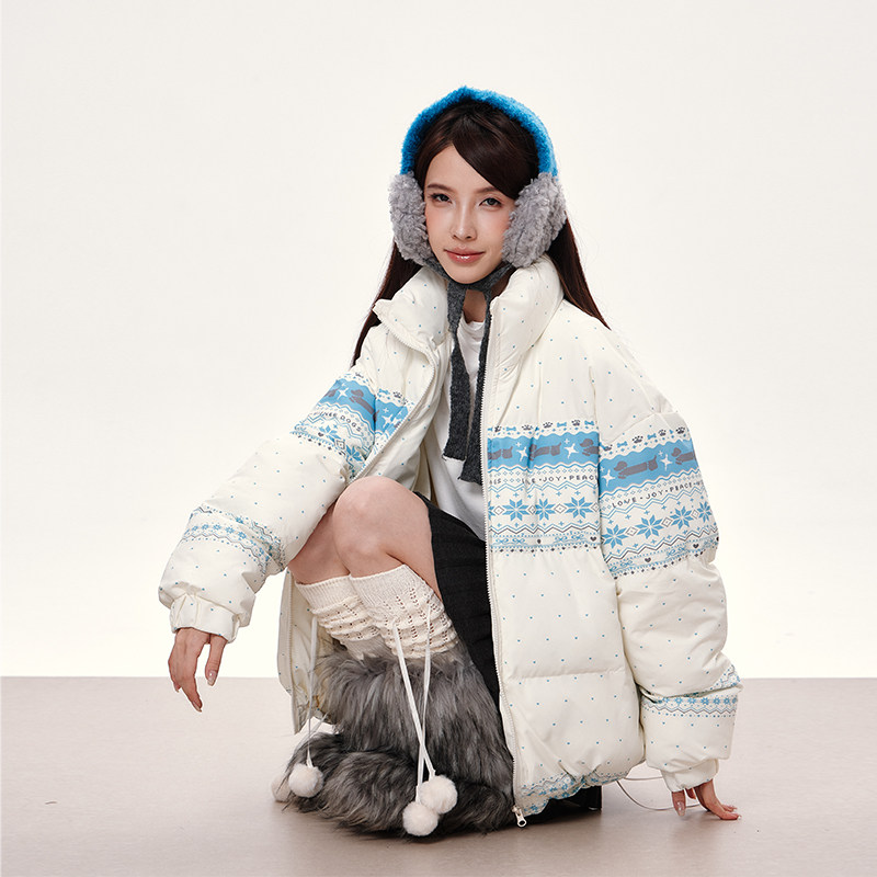 lunabloom冬季费尔岛腊肠狗印花立领保暖爱心波点棉服面包服外套