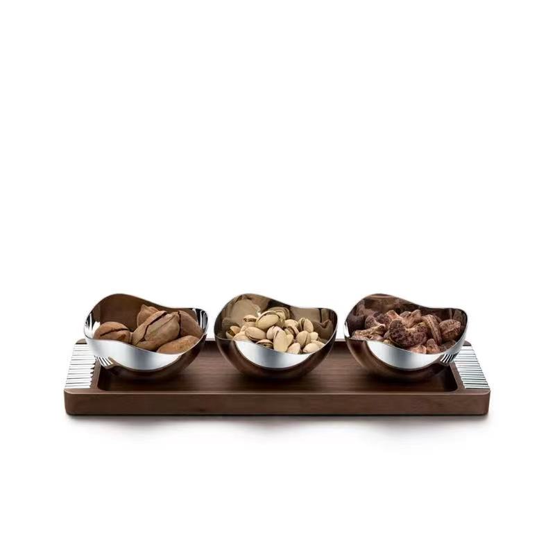 轻奢304不锈钢胡桃木干果盘家用茶几家用零食碗创意坚果盘茶托盘
