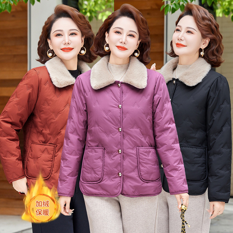 中老年女装妈妈加绒保暖2025年棉服外套简约通勤毛领加厚时尚棉衣