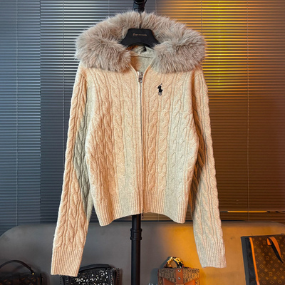 双拉链毛领针织开衫女内搭