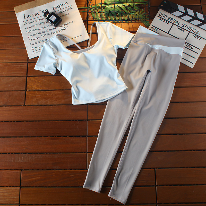 美背短袖套装女夏速干高腰裤训练收腰显瘦健身房运动半袖含胸垫