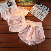 运动训练时尚 瑜伽短袖 速干撞色高腰短裤 女夏季 健身T恤含胸垫 套装