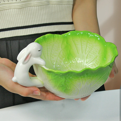 高颜值陶瓷白菜兔子面碗手柄碗