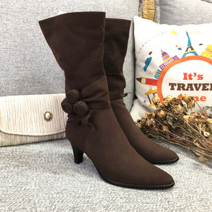 vintage晚晚复古怀旧款 百搭棕色布面舒适小方头中筒女靴加绒 时尚