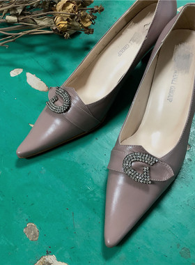 vintage法式优雅复古怀旧款中古真皮女单鞋淡紫色水钻古着鞋WL