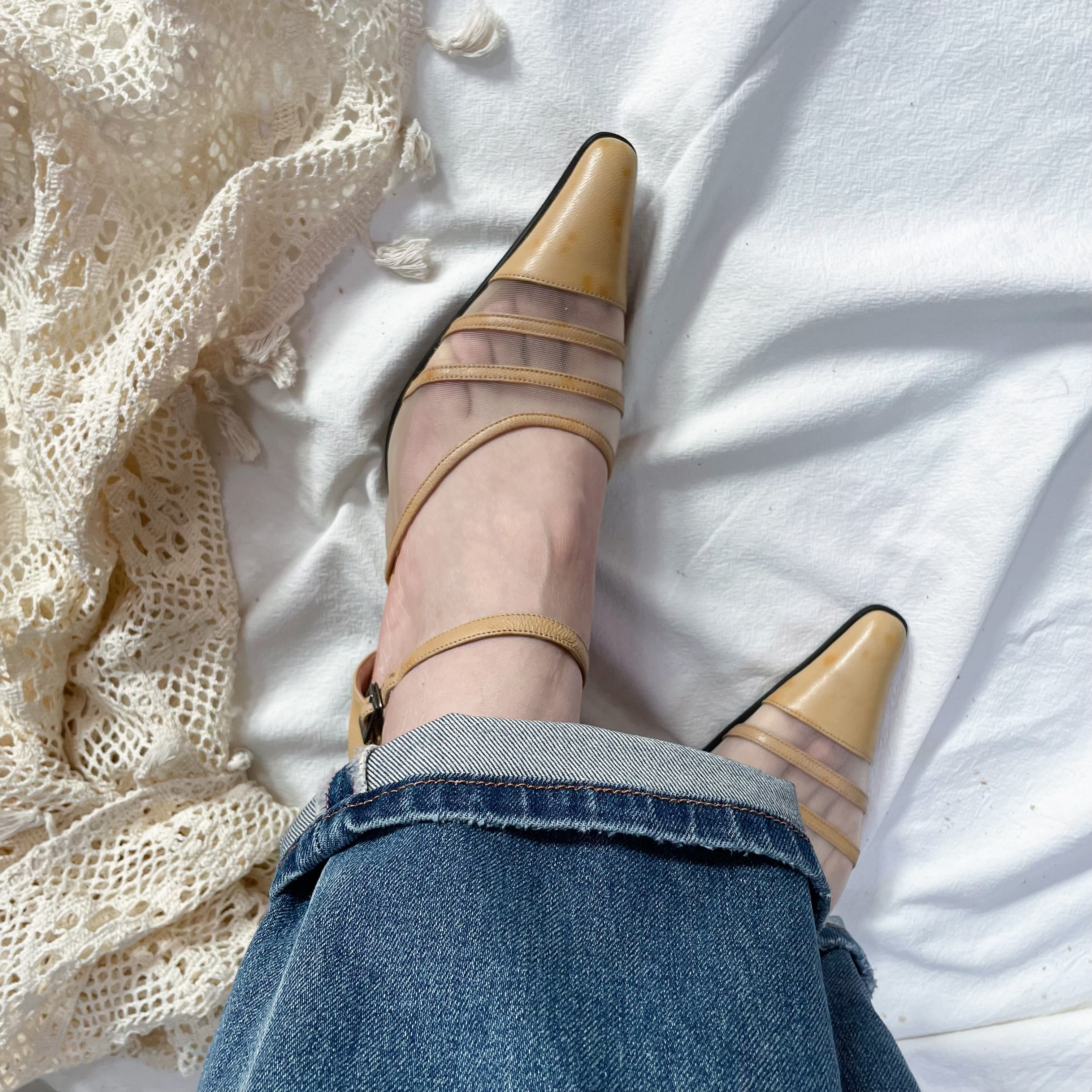 vintage港风怀旧网纱包头复古晚晚风中空凉鞋，舒适中跟古董鞋