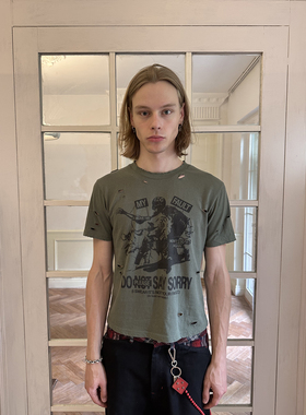 DTHEREAL 24SS 复古做旧破洞人物印花vintage质感纯棉短袖男女