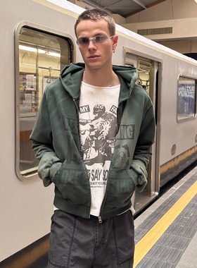 DTHEREAL 25FW 墨绿色印花洗水洗褪磨破做旧拉链连帽长袖卫衣男