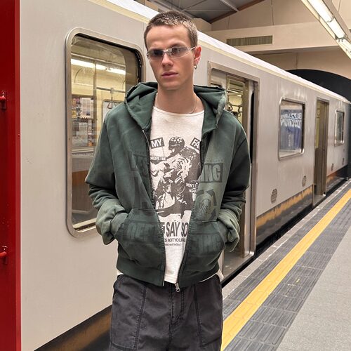 DTHEREAL 25FW 墨绿色印花洗水洗褪磨破做旧拉链连帽长袖卫衣男