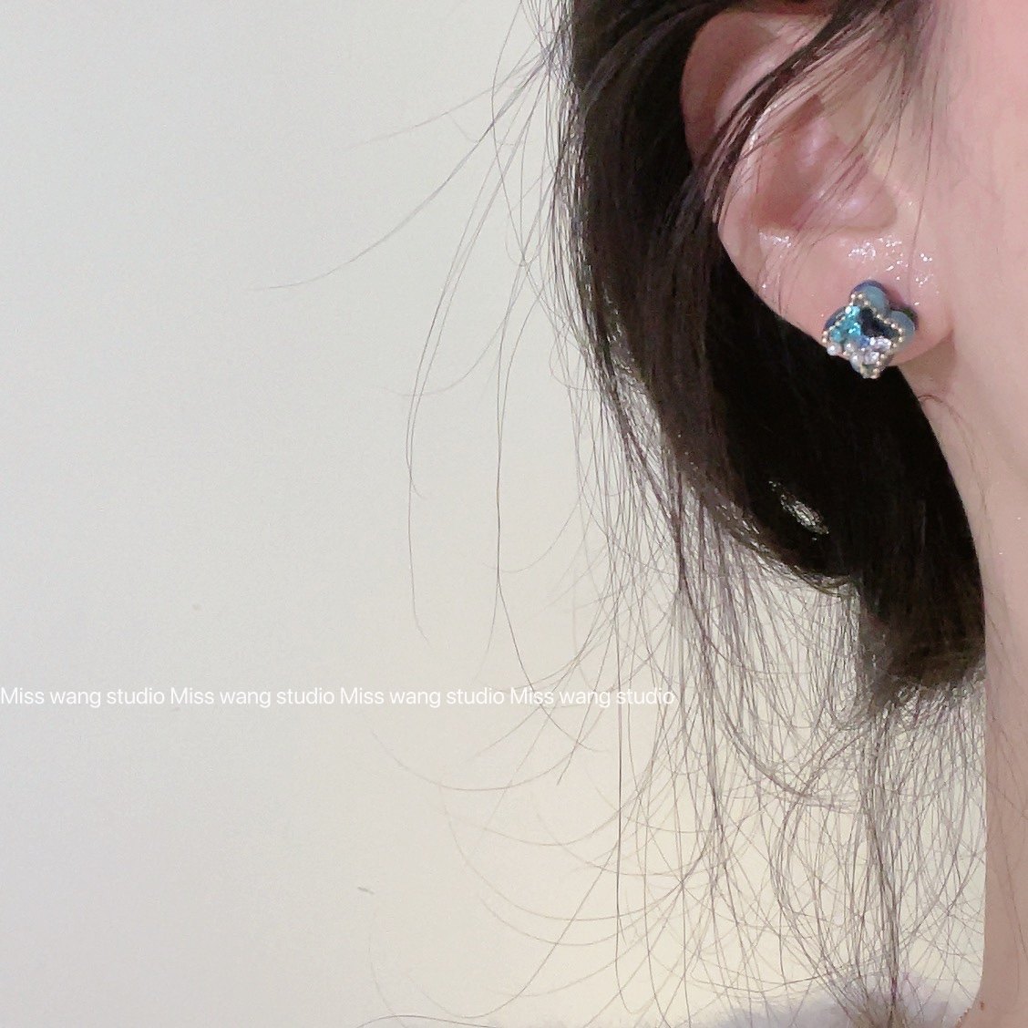 miss wang 复古vintage蓝色水钻珍珠耳环耳钉小众轻奢气质耳饰