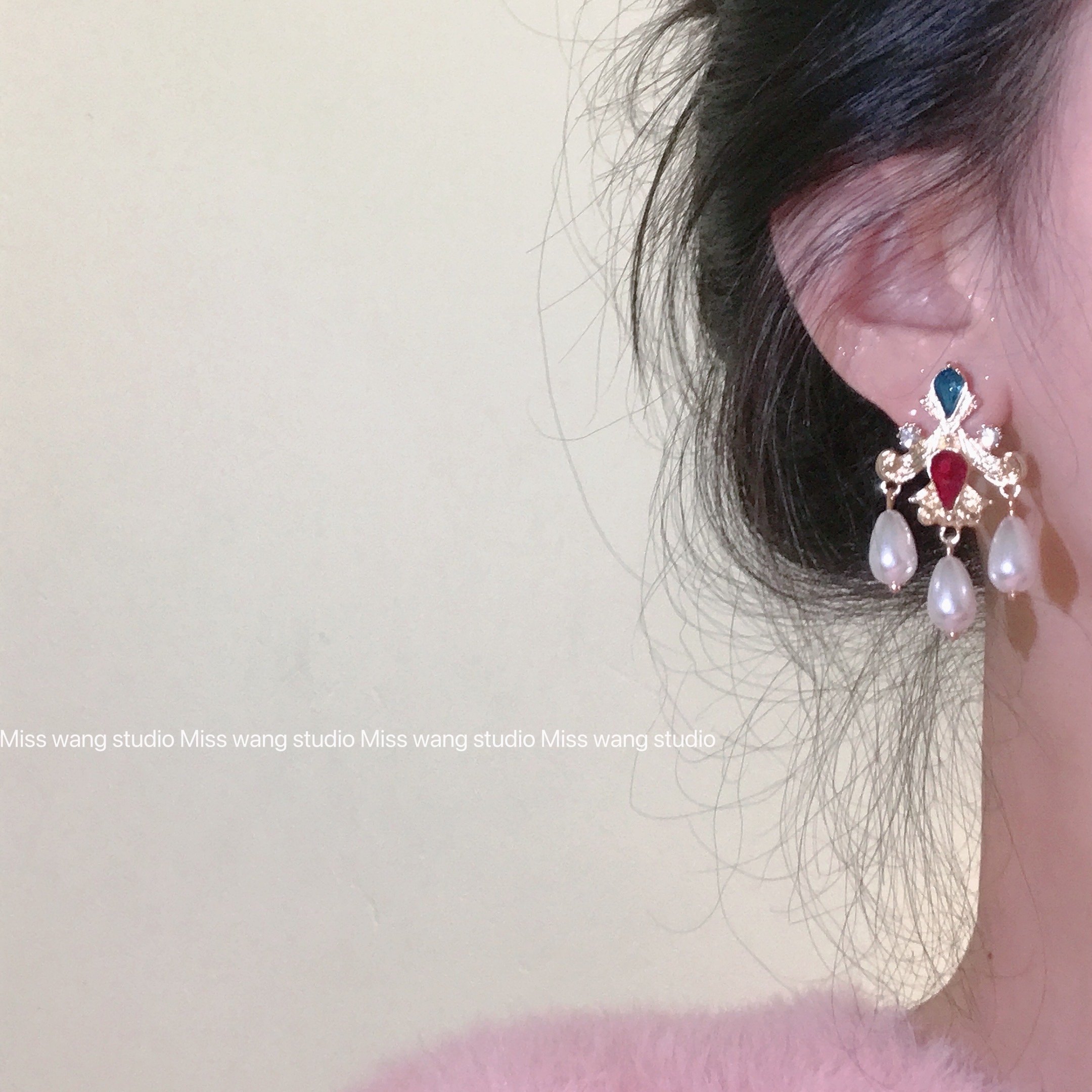 miss wang 复古宫廷奢华贵气彩色宝石水滴珍珠耳环设计感小众耳钉