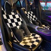 汽车坐垫冬季 毛绒座垫套通用免绑防滑保暖棋盘格坐垫三件套女车垫