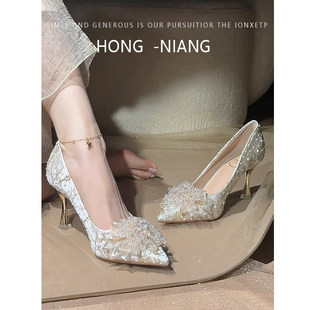 水钻蝴蝶结高跟鞋女秀禾婚纱两穿不累脚结婚敬酒鞋酒杯跟日常可穿