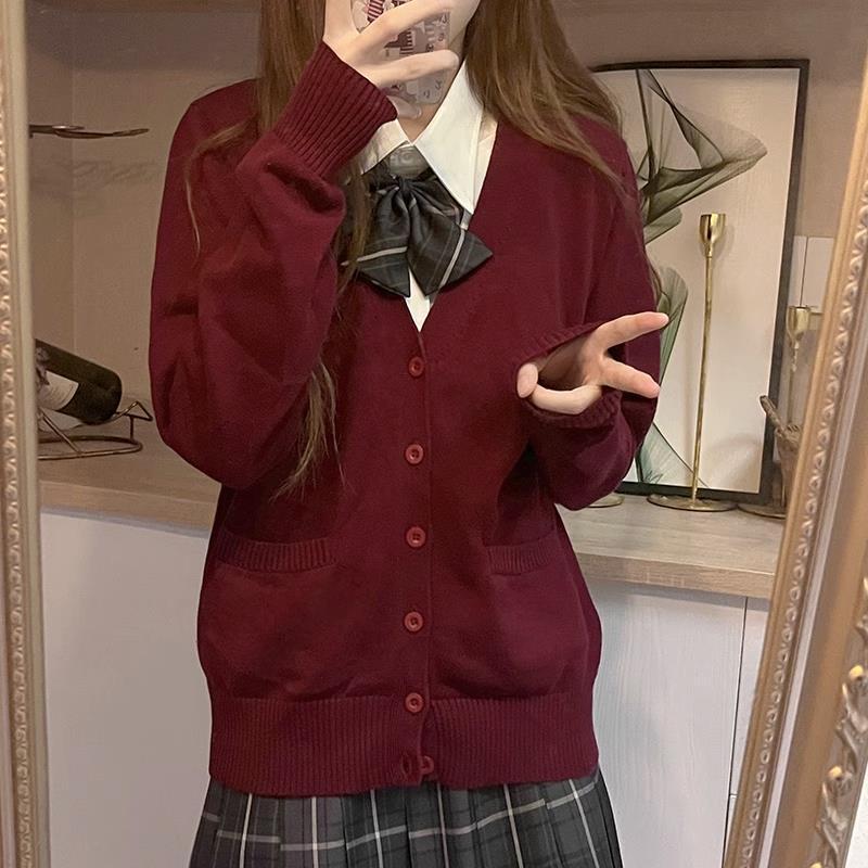 学院风原创jk毛衣开衫秋季日系校供感百搭上衣酒红针织衫长袖外套