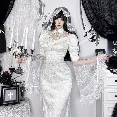 YL25403暗黑系旗袍蕾丝提花连衣裙 2025新款哥特风喇叭袖包臀长裙