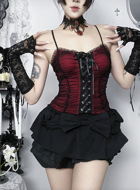 CF25369暗黑系红色拼接网纱蝴蝶结风琴蛋糕套装2026新款上衣+短裙