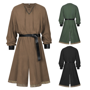 外贸中世纪跨境新款男士服装万圣节骑士海盗复古维京长款上衣