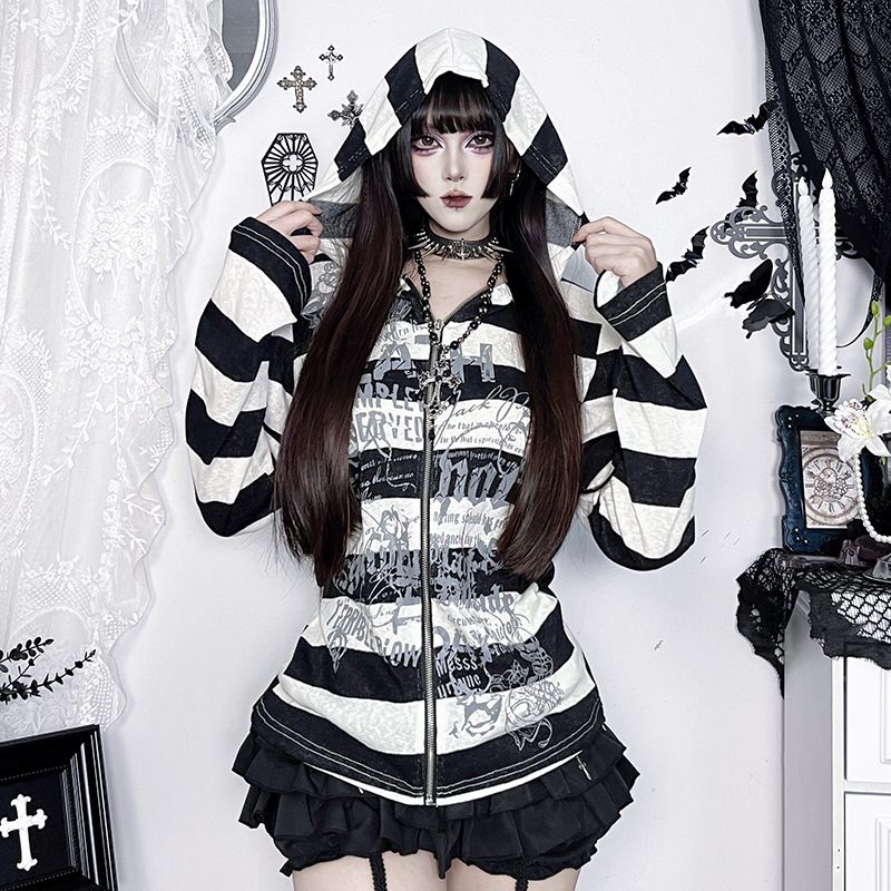 XS25282秋季新款西太后亚比条纹外套 亚文化百搭宽松休闲拼接上衣