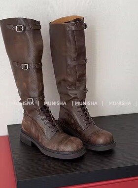MUNISHA 顶配版 M系女孩 超火战损靴 绝美真皮骑士靴长筒马丁靴女