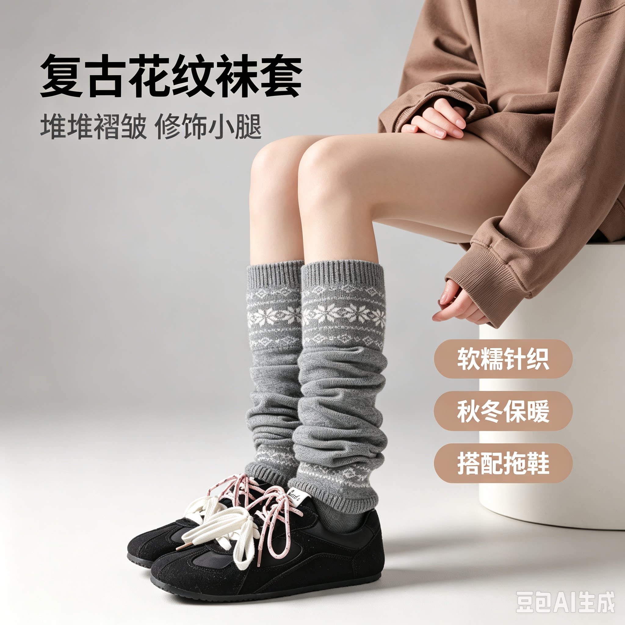 北欧复古花纹针织堆堆中筒袜女