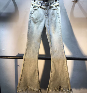 欧洲站2024新款高腰修身显瘦毛边微喇牛仔裤长裤女裤子 送腰链